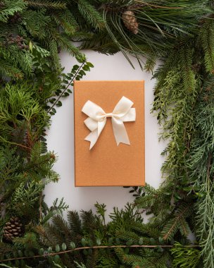 Ev yapımı beyaz telif alanı ve kozalaklı brunch 'lar ve köşelerde güzelce düzenlenmiş düz koniler. Kendin yap. Minimalizm doğal sanat geri dönüşümlü ambalaj hediyeli ve yaylı.