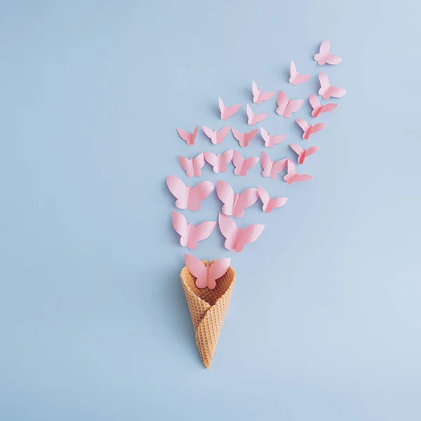 Pink Butterflies Made Paper Come Out Ice Cream Cone Pastel — Stockfoto