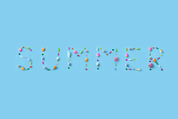 Word Summer Made Various Objects Pastel Blue Background Minimal Travel — Foto de Stock