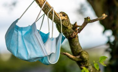 Covid 'e yapılan aşıdan sonra 19 maske bir ağaçta dolaşır, normale döner.