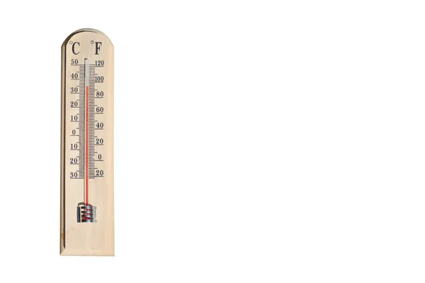 Termometr Pokazujący Wysoką Temperaturę Latem Izolowany Białym Tle Przestrzenią Kopiowania — Zdjęcie stockowe