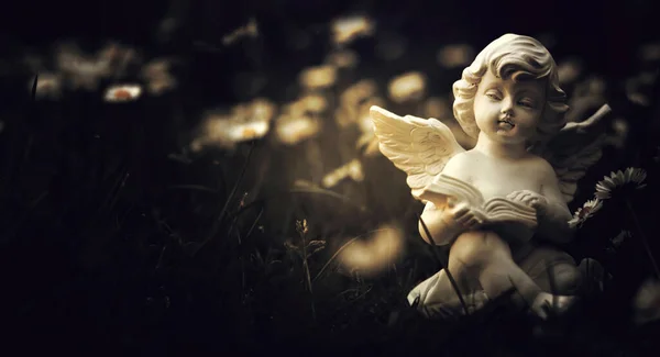 Çimenlerde oturup kitap okuyan meleğe başsağlığı kartı.