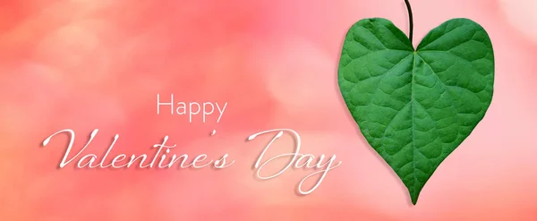 Happy Valentines Day Card Heart Shaped Leaf Pink Background — Stock Photo, Image