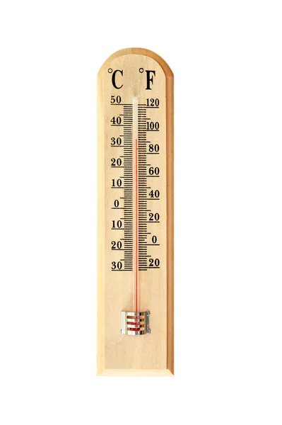 Thermometer Zeigt Hohe Sommertemperatur Isoliert Auf Weißem Hintergrund — Stockfoto