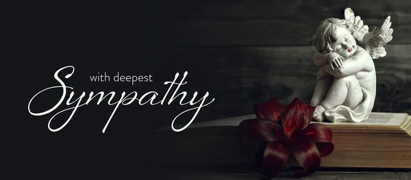 Sempati kartı. Melek ve zambak çiçeği açık bir kitapta karanlık arka planda