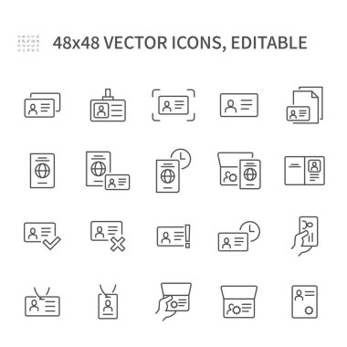 Basit vektör çizgisi simgeleri. Tanımlayıcı ve doğrulama konusunda bu tür simgeler içerir. Pasaport, ehliyet, yasal belgeler ve daha fazlası..