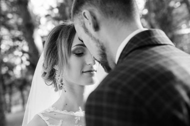 Gelin ve damadın yürüyüşü Ekimde sonbahar ormanında