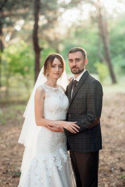 Gelin ve damadın yürüyüşü Ekimde sonbahar ormanında