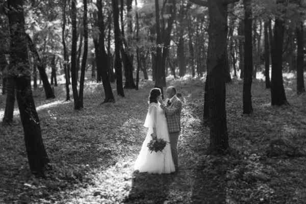 Gelin Damadın Yürüyüşü Ekimde Sonbahar Ormanında — Stok fotoğraf