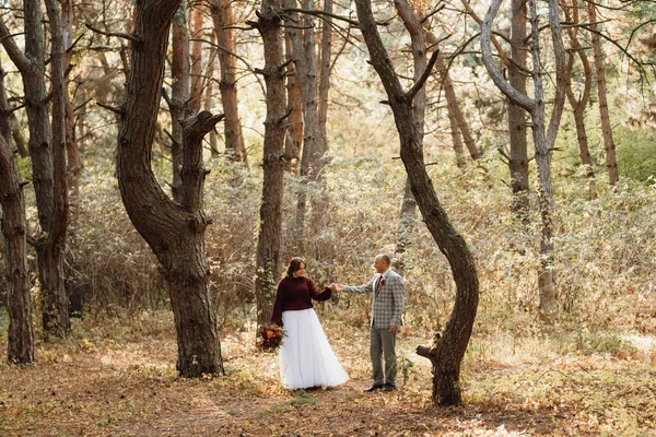Βόλτα Της Νύφης Και Του Γαμπρού Μέσα Στο Δάσος Του — Φωτογραφία Αρχείου