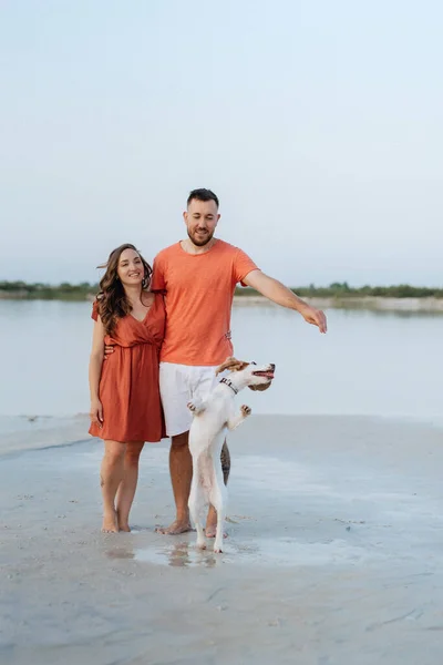 Jong Stel Oranje Kleding Met Hond Een Leeg Zandstrand — Stockfoto