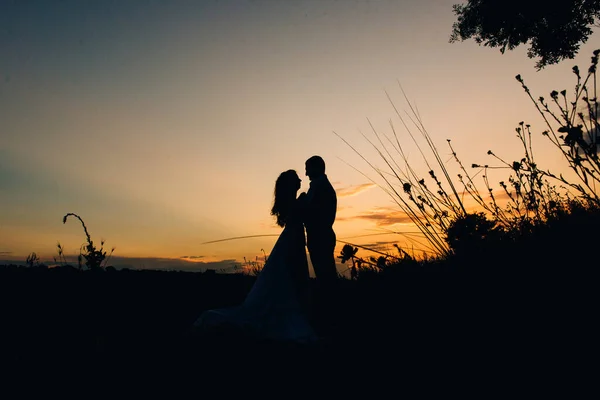 Silhouettes Happy Young Couple Guy Girl Background Orange Sunset Ocean — Stock Photo, Image