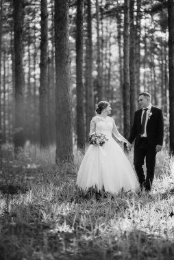 Gelin ve damat aydınlık bir günde çam ormanında yürüyorlar.