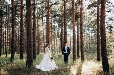 Gelin ve damat aydınlık bir günde çam ormanında yürüyorlar.