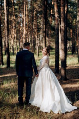 Gelin ve damat aydınlık bir günde çam ormanında yürüyorlar.