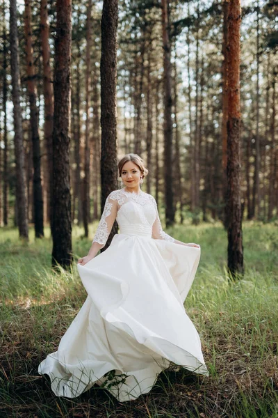 Noiva Que Anda Uma Floresta Pinheiro Dia Brilhante — Fotografia de Stock