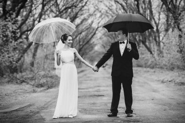 Gelin ve damat yağmurlu bir düğün gününde şemsiye altında yürüyorlar