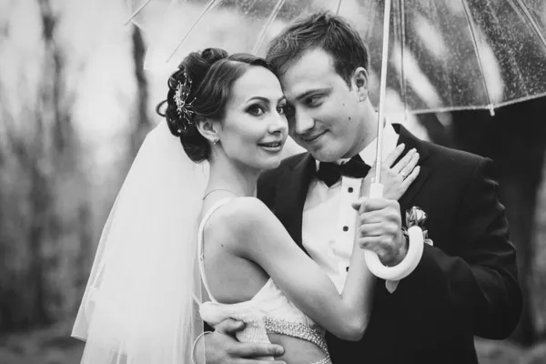 Noiva Noivo Dia Casamento Chuvoso Andando Sob Guarda Chuva — Fotografia de Stock