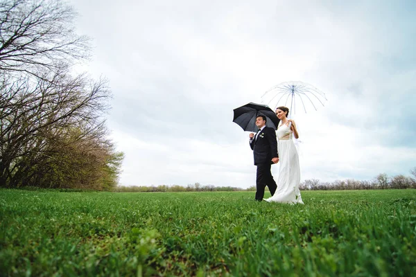Noiva Noivo Dia Casamento Chuvoso Andando Sob Guarda Chuva — Fotografia de Stock