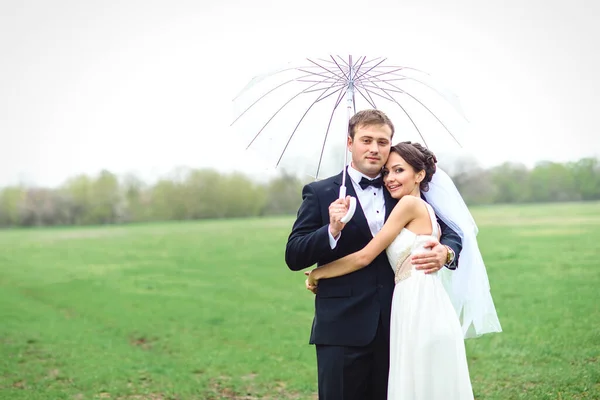 Noiva Noivo Dia Casamento Chuvoso Andando Sob Guarda Chuva — Fotografia de Stock