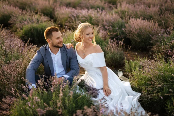 Braut Und Bräutigam Beim Spaziergang Lavendelfeld — Stockfoto