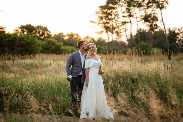 Novia Novio Paseo Por Bosque —  Fotos de Stock