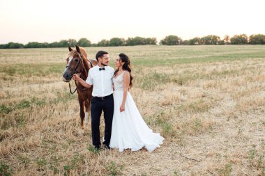 Beyaz elbiseli gelin ve kahverengi atlı beyaz gömlekli damat.