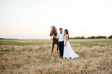 Beyaz elbiseli gelin ve kahverengi atlı beyaz gömlekli damat.