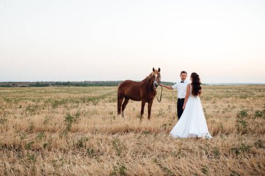 Beyaz elbiseli gelin ve kahverengi atlı beyaz gömlekli damat.