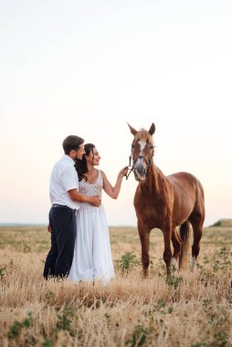 Beyaz elbiseli gelin ve kahverengi atlı beyaz gömlekli damat.