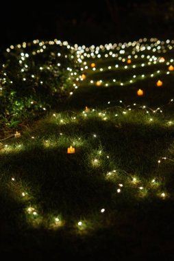 Renkli bulanık Bokeh Noel çelenkleri koyu arkaplanda