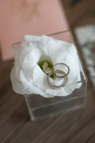 Anillos Boda Oro Con Una Decoración Boda — Foto de Stock