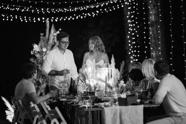 Evening Wedding Family Dinner Forest Light Bulbs Candles —  Fotos de Stock