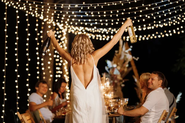 Evening Wedding Family Dinner Forest Light Bulbs Candles —  Fotos de Stock