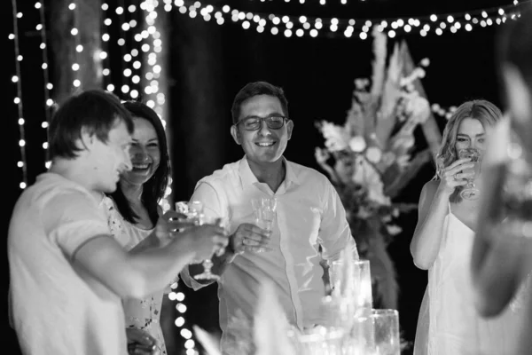 Evening Wedding Family Dinner Forest Light Bulbs Candles — Stock Photo, Image