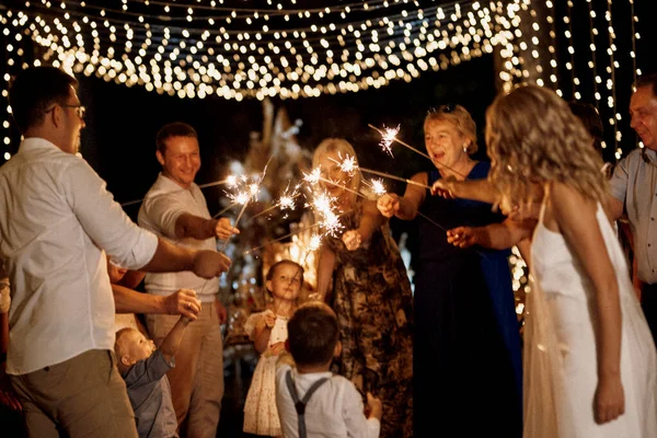 Evening Wedding Family Dinner Forest Light Bulbs Candles — Stock Photo, Image