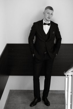 Düğün günü kahverengi takım elbiseli ve papyonlu damadın portresi.