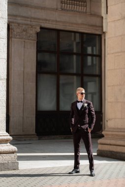 portrait of the groom in a brown three-piece suit with a bow tie on the wedding day