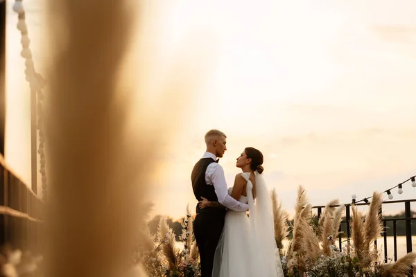 Noiva Noivo Contra Pano Fundo Pôr Sol Amarelo Cais Perto — Fotografia de Stock