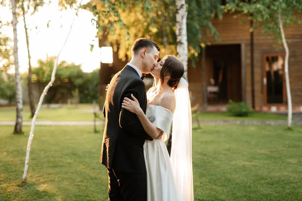 Young Couple Groom Black Suit Bride White Short Dress Walk — Photo