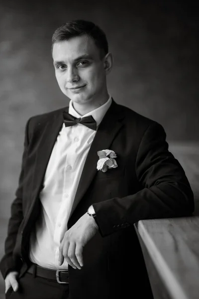 Portrait Young Guy Groom Black Suit Rainy Day — 스톡 사진