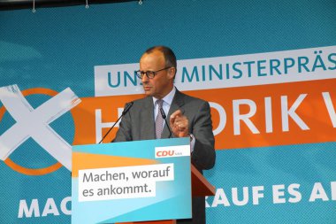 paderborn, nrw, germany, may, 04. 2022; cdu - party chairman friedrich merz speaks at an election campaign event, state elections in nrw,