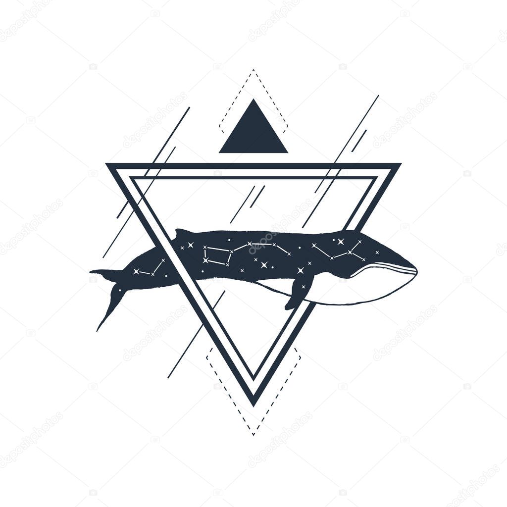 Hand drawn nautical blue whale in a triangle textured vector illustration. Geometric style. With double exposure of constellations.