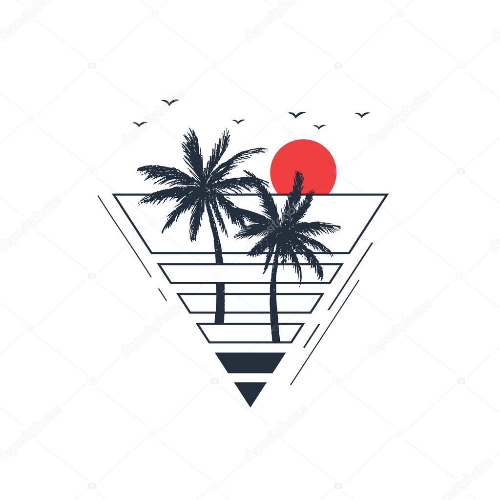 Hand drawn inspirational label with tropical sunset with palms and birds textured vector illustrations in a triangle. Geometrical style.