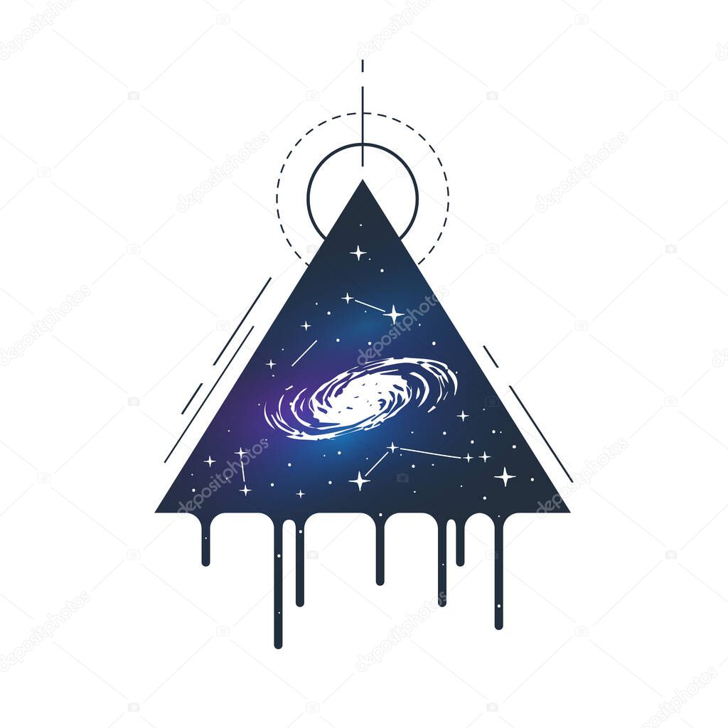 Hand drawn inspirational label with galaxy in a triangle textured vector illustration. Geometric style.