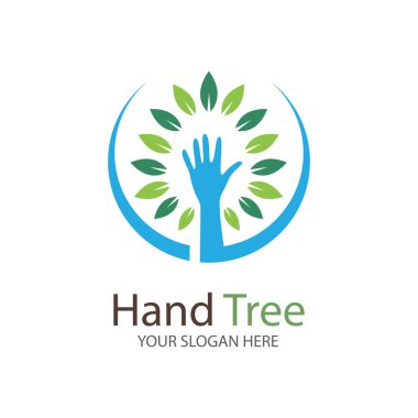 Yeşil yapraklı insan elleri ve ağaç. Logo sembolü illüstrasyon vektör şablonu tasarımı
