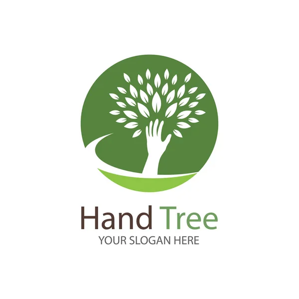 Menselijke Handen Boom Met Groene Bladeren Logo Symbool Illustratie Vector — Stockvector