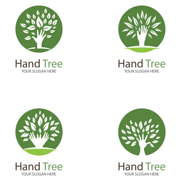 人类的手和绿叶的树标志符号图标插图矢量模板设计 — 图库矢量图片