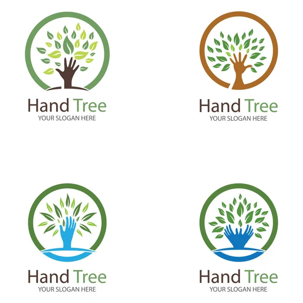 Manos Humanas Árbol Con Hojas Verdes Logo Icono Icono Ilustración — Vector de stock