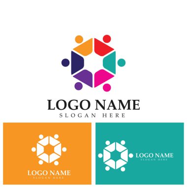 İnsanları birleştiren takım çalışması altıgen konsept logo simgesi vektör tasarımı